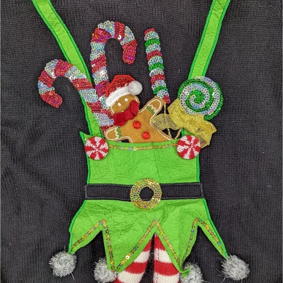 33 Degrees ugly Xmas Christmas sweater black elf legs candycane bow size medium - Picture 2 of 6